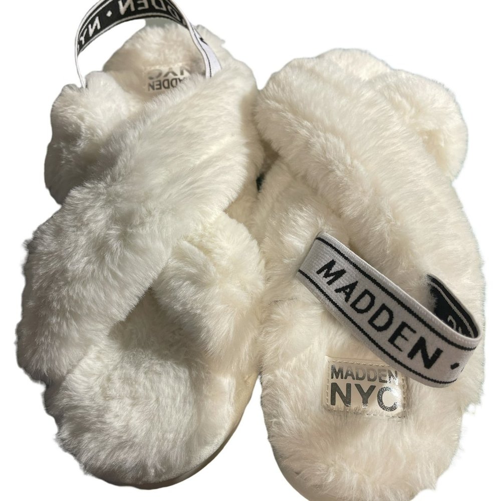 👋 Madden NYC Eco Lux Faux Fur Crossband Platform Sandals / Slippers